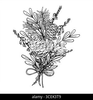 Bouquet invernale bianco e nero vettoriale dipinto da inchiostri neri. Schizzo grafico del ramo di cedro, dei coni, dell'erica, delle piante di bacca. Rametti decorativi sempreverdi Illustrazione Vettoriale