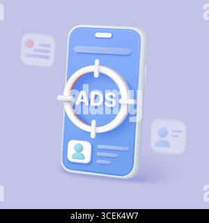 Telefono cellulare con annunci in un mirino, che rappresenta pubblicità mirata, marketing digitale e dati utente focalizzati su campagne online, moderna illustrazione vettoriale in stile blu Illustrazione Vettoriale
