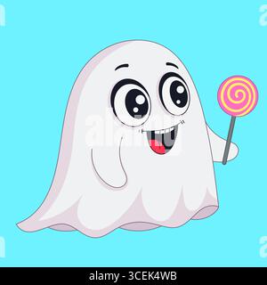 Adorabile fantasma dei cartoni animati sorridente con grandi occhi che reggono un lecca turbolento colorato Illustrazione Vettoriale