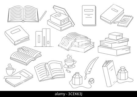 Set di scarabocchi disegnati a mano di libri, quaderni, tazze da caffè, inchiostro e strumenti di scrittura, ideale per temi didattici, di lettura e di studio, con illustrazione vettoriale su sfondo bianco Illustrazione Vettoriale