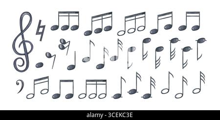Acrilico musicale in acquerello nero e clipart delle note su sfondo isolato. Set di semplici simboli musicali monocromatici. Illustrazione dipinta a mano Foto Stock