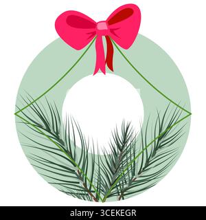 Corona di Natale Vector con lussureggianti rami di pino disposti in una cornice circolare verde, con un fiocco rosso brillante. Perfetto per le vacanze in auto Illustrazione Vettoriale