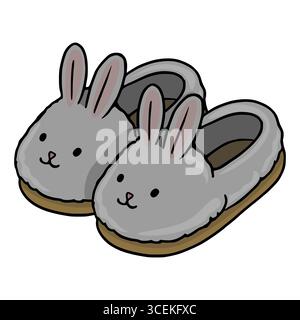 Adorabile illustrazione vettoriale di un paio di pantofole grigie a forma di coniglietto, perfette per l'arredamento della stanza dei bambini o per il design dell'abbigliamento, caratterizzate da morbidi textu Illustrazione Vettoriale