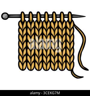 Un'illustrazione vettoriale di un dettagliato motivo a maglia, che mostra un filato dorato su sfondo nero, cucito in modo intricato su un ago, evidenziando t Illustrazione Vettoriale