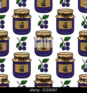 Motivo vettoriale senza cuciture con illustrazioni disegnate a mano di barattoli di marmellata di mirtilli con coperchi in carta kraft e archi legati, completati da grappoli di blu Illustrazione Vettoriale