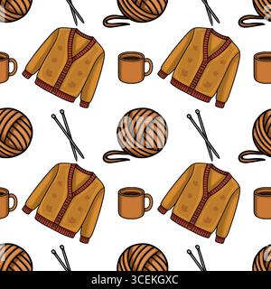 Motivo vettoriale senza cuciture caratterizzato da cardigan a maglia colorato autunnale, palle di filato, aghi per maglieria e tazze da caffè, ideale per un design a tema autunnale Illustrazione Vettoriale