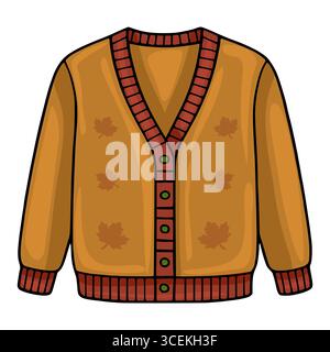Un'illustrazione vettoriale di un intimo maglione cardigan autunnale caratterizzato da un design unico di foglie d'acero sparse e sch a contrasto di colore rosso e arancione Illustrazione Vettoriale