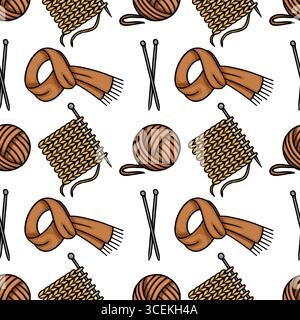Motivo vettoriale senza cuciture con illustrazioni disegnate a mano di palle di filati per maglieria, aghi, tessuto lavorato a maglia e una sciarpa accogliente in calde tonalità marroni, perf Illustrazione Vettoriale