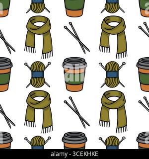 Accogliente motivo vettoriale autunnale senza cuciture con illustrazioni disegnate a mano di una sciarpa calda, tazza da caffè, palla di filato e aghi per maglieria, creando un fascino Illustrazione Vettoriale