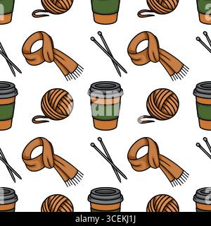 Motivo vettoriale senza cuciture con illustrazioni disegnate a mano di accoglienti elementi autunnali: Palle di filato, sciarpe a maglia, tazze da caffè e aghi per maglieria, Illustrazione Vettoriale