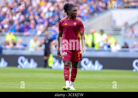 Liverpool, Inghilterra, Regno Unito. 09 agosto 2025. Manu Kone dell'AS Roma durante l'amichevole di pre-stagione tra Everton FC e AS Roma all'Hill Dickinson Stadium, Liverpool, Inghilterra, Regno Unito il 9 agosto 2025Credit: Ryan Crockett/Every Second Media Credit: Every Second Media/Alamy Live News Foto Stock