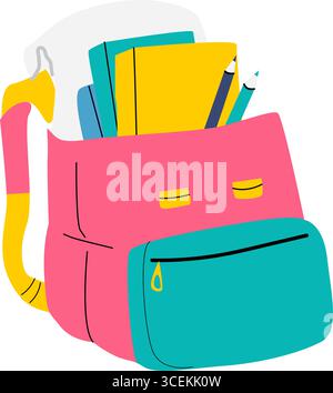 Zaino luminoso o borsa della scuola con materiale scolastico per bambini. Design moderno di Daypack isolato. Illustrazione Vettoriale