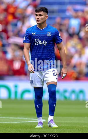 Liverpool, Inghilterra, Regno Unito. 09 agosto 2025. Carlos Alcaraz dell'Everton durante la partita amichevole di pre-stagione Everton FC V AS Roma all'Hill Dickinson Stadium, Liverpool, Inghilterra, Regno Unito il 9 agosto 2025Credit: Ryan Crockett/Every Second Media Credit: Every Second Media/Alamy Live News Foto Stock