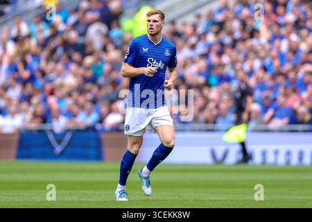 Liverpool, Inghilterra, Regno Unito. 09 agosto 2025. Jake o'Brien dell'Everton durante la partita amichevole tra Everton FC E AS Roma pre-season all'Hill Dickinson Stadium, Liverpool, Inghilterra, Regno Unito il 9 agosto 2025Credit: Ryan Crockett/Every Second Media Credit: Every Second Media/Alamy Live News Foto Stock