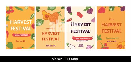 Poster del festival del raccolto autunnale con prodotti colorati e date del festival del cibo locale. Set di disegni per il raccolto autunnale per inviti e volantini. Schede promozionali per eventi verticali della fiera delle verdure. Illustrazione Vettoriale