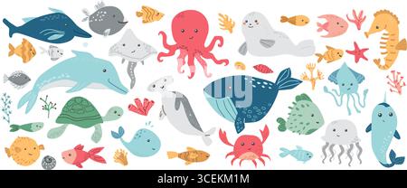 Colorata illustrazione della vita marina con balene, delfini, polpi, foche e meduse, rana pescatrice, rana, tartaruga, pesce pipa di pesce porcospino, pesce rosso, calamari, pesci palla. Carini animali acquatici Illustrazione Vettoriale