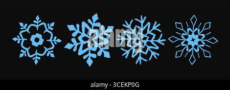 Set di simpatici fiocchi di neve blu di Natale disegnati con texture pastello, pastello, gesso e carbone. Una collezione natalizia per i bambini dal look grunge ghiacciato Illustrazione Vettoriale