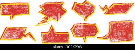 Serie di bolle di colore rosso con contorno giallo nello stile di scarabocchi scritti a mano in gesso per poster musicali rock e social media Illustrazione Vettoriale