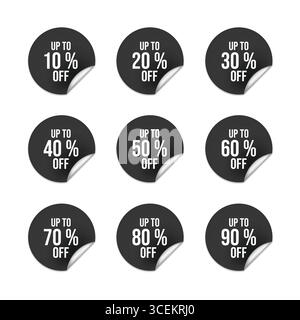 Set di adesivi Black friday in vendita. Moderne etichette promozionali, patch, francobolli per lo shopping. Grandi sconti Illustrazione Vettoriale