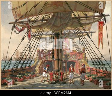 Scenografia dell'atto II dell'opera di Daniel Auber "Haydée, ou le secret", creata da Philippe Chaperon nel 1891 per il Théâtre de l'Opéra-Comique-Châtelet. Lo schizzo ad acquerello e gouache mostra il ponte di una nave riccamente decorata con marinai in costumi d'epoca, preparandosi per la drammatica messa in scena. Il pezzo mette in risalto la grandezza del design operistico francese del XIX secolo. Foto Stock