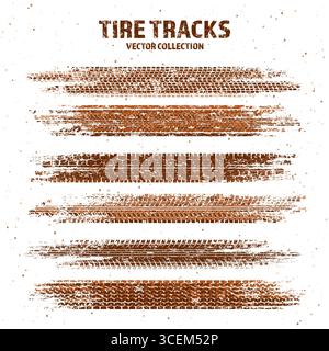 Sgrossare le tracce degli pneumatici con schizzi di fango, segni di frenata delle ruote sporche. Silhouette con battistrada per camion, auto o motociclette. Perfetto per fuoristrada Illustrazione Vettoriale