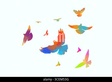 Sagome di uccelli colorati volanti su sfondo bianco. Illustrazione vettoriale. uccelli isolati che volano. design del tatuaggio. Illustrazione Vettoriale