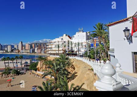 Benidorm, Spagna - 11 gennaio 2025: Vista della città e della spiaggia di Benidorm da Plaza de Santa Ana nel centro storico di Benidorm, provincia di Alicante, Spagna Foto Stock