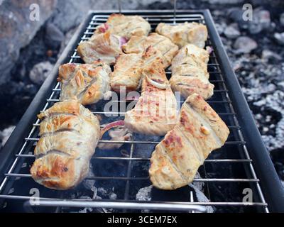 Succosi pezzi di carne condita che sfrigolano su una griglia sopra i carboni caldi in un ambiente rustico all'aperto, perfetto per mostrare la cucina e la cena al barbecue Foto Stock
