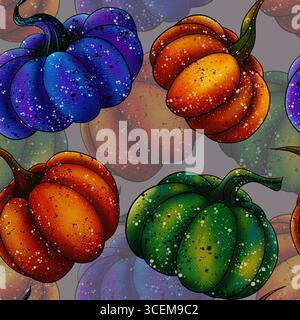 Bellissime zucche autunnali, verdi, blu e arancioni su sfondo grigio, motivo senza cuciture. Acquerello Foto Stock