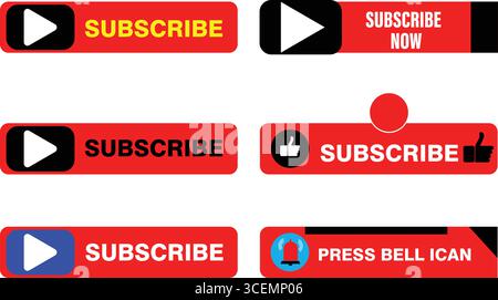 Design vettoriale creativo di YouTube iscriviti ora pulsanti con icone di riproduzione premi le etichette di avviso di notifica a campana per la grafica della promozione video sui social media Illustrazione Vettoriale