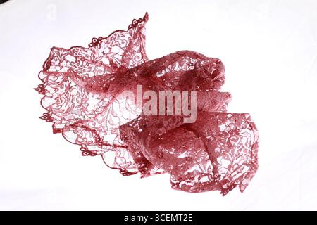 Tessuto in broccato rosso isolato su sfondo bianco. Usato per preparare kebaya giavanese o camicette. Foto Stock