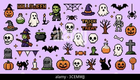 Set di icone e adesivi per giochi di pixel a 8 bit per Halloween Y2K. Vettoriale pixel art Halloween, zucca, fantasma, strega e teschio, gatto nero, pipistrello e ragno, zombie spaventosi, scheletro e lapide del cimitero Illustrazione Vettoriale