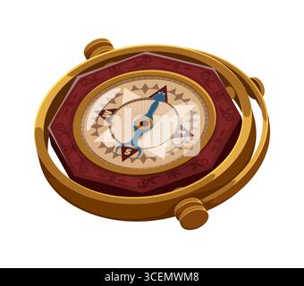 Cartoni animati bussola marina dei pirati caraibici o icona del gioco dei corsari. Antico elemento di navigazione vettoriale isolato, rivela simboli nautici e rosa del vento con indicazioni e frecce. Attrezzo da viaggio vintage Captain Illustrazione Vettoriale