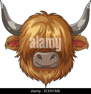 Illustrazione vettoriale di una testa di mucca delle Highland in stile cartoni animati, caratterizzata da una lunga pelliccia traballante, corna ricurve e un'espressione amichevole su sfondo bianco Illustrazione Vettoriale