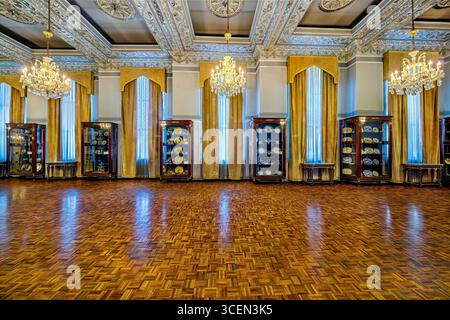 Vessels Hall, Palazzo del Golestan, sito UNESCO a Teheran, Iran. Squisito decor persiano con manufatti reali, ideale per progetti culturali e storici. Foto Stock