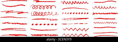 Set per pennello grunge rosso. Matita disegnata a mano sottolineata, zigzag, collezione Dash line. Pacco scarabocchiare a matita pastello bagnato o asciutto. Scraper vettoriali a carboncino grezzo, onde e zig zag Illustrazione Vettoriale