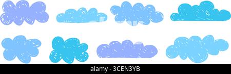 Collezione di nuvole di pastello blu e viola. Set di scarabocchi disegnati a mano. Fascio di nuvole graffiate ruvide. Confezione di elementi per schizzo testurizzati per bambini per striscioni, poster, collage, adesivi. Vettore Illustrazione Vettoriale