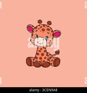 Baby Giraffe Cartoon Vector in marrone, nero, marrone chiaro e rosa tropicale su sfondo rosa tenue Illustrazione Vettoriale