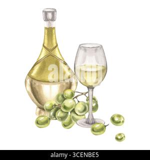Vino bianco e uva verde composizione acquerello. Frutta dolce estiva disegnata a mano e bevanda alcolica tradizionale italiana clipart, bicchiere e bottiglia W Foto Stock