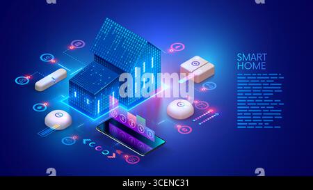 Concetto isometrico della tecnologia per la casa intelligente. Automazione domestica intelligente. Icone dei comandi del telefono dispositivi elettronici domestici. Smartphone con controllo intelligente della casa. INTERNET DELLE COSE. Illustrazione Vettoriale