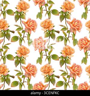 Motivo ricorrente con mazzi di rose arancioni e foglie verdi. Illustrazione botanica acquerello su sfondo bianco. Perfetto per i biglietti di compleanno, Foto Stock