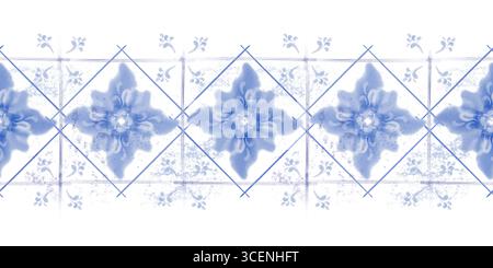 Colore acquerello bordo senza cuciture in stile mediterraneo, cuciture di vecchie piastrelle di ceramica di colore blu. Motivo botanico astratto sciolto. Per tessuti, ceramiche Foto Stock