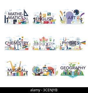 Istruzione e classe scolastica con elementi educativi. Moderno sistema scolastico. Illustrazione del vettore Education. Illustrazione Vettoriale