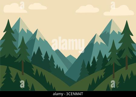 Montagne stilizzate e alberi sempreverdi sotto soffici nuvole creano un tranquillo sfondo panoramico. Illustrazione Vettoriale
