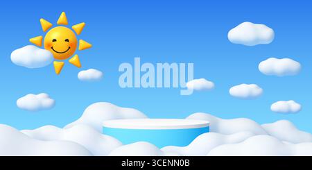 Palco da podio per bambini con sole tenero, cielo blu e nuvole bianche. Sfondo vettoriale allegro, scena naturale con un sole sorridente, nuvole soffici e piattaforma rotonda per presentazioni di bambini dall'atmosfera amichevole Illustrazione Vettoriale