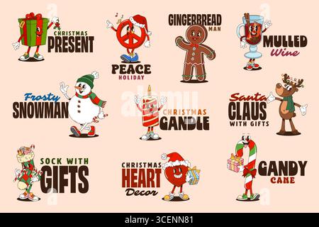Christmas y2k Groovy adesivi di personaggi natalizi dei cartoni animati retrò, regali per le vacanze invernali e personaggi vettoriali di bevande. Adesivi vintage y2k Groovy Snowman, regalo, renne, caramelle e simbolo della pace hippie Illustrazione Vettoriale