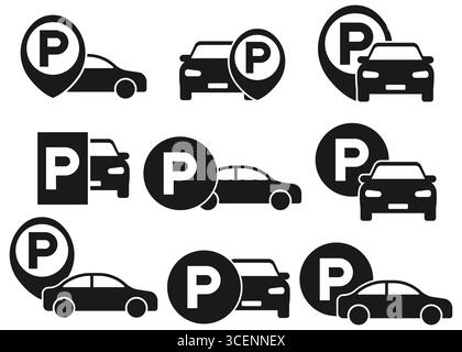 Raccolta di icone nere per parcheggi con spilla e simbolo P, perfette per mappe, navigazione e app per la mobilità. Gruppo di icone di parcheggio con auto e marcatori P, ideale per applicazioni automobilistiche, urbane e GPS. Set di icone di parcheggio. Vettura con simbolo P. Icona dell'app di parcheggio. Pin di posizionamento della vettura. Icone di parcheggio per auto vettoriali. Illustrazione Vettoriale