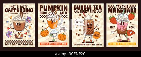 Cartoon Growy Coffee e Milkshake bevono personaggi con volti divertenti, poster vettoriali. Gustosi dessert, personaggi del cappuccino e del latte di zucca con bollicine e frullato su poster Groovy Illustrazione Vettoriale
