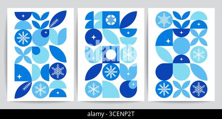 Poster natalizi con motivo geometrico. Vivaci biglietti d'auguri natalizi Vector Holiday in blu e bianco, con forme audaci, fiocchi di neve ed elementi astratti. Modelli per auguri di buon Natale Illustrazione Vettoriale