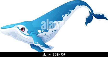 Personaggio delle balene cartoni che nuotano sott'acqua con un'espressione amichevole. Capodoglio gigante vettoriale isolato, abitante dell'oceano. Personaggio di animali mammiferi marini con pancia bianca e macchie dal corpo blu Illustrazione Vettoriale